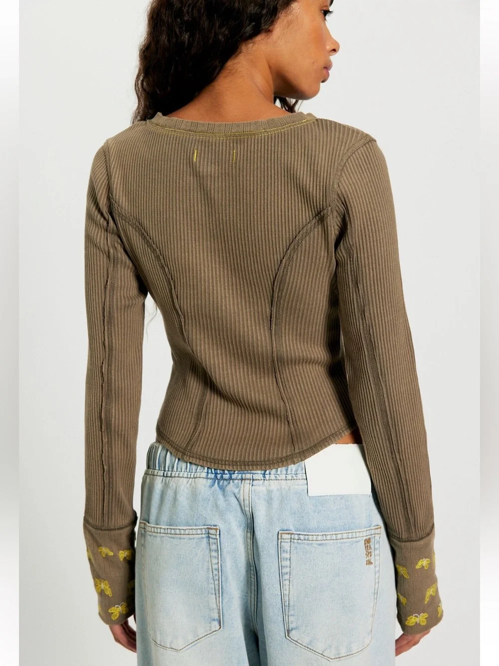 Ribbed Button-Front Long Sleeve Top - Brown